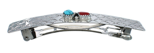 Native American Navajo Turquoise Coral Sterling Silver Hair Barrette JX131015